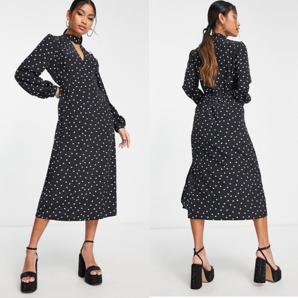 🆕 River Island Midi Dress in Black Polka Dot with Heart Button Detail - Picture 1 of 5